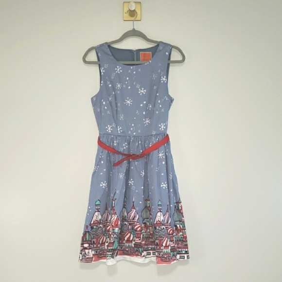 Modcloth Holiday Dress Medium Blue Red White Sleeveless Belt Snowflakes Winter - Picture 1 of 16